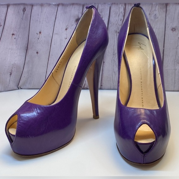 Giuseppe Zanotti Shoes - Giuseppe Zanoti Purple Leather Peek a Boo Open Toe Stiletto 4.25” Heels EUC